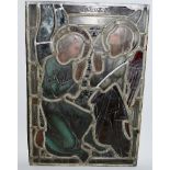 THREE EARLY AND GOOD LEADED GLASS PANELS, 21ins x 9.5ins (2) and 13.75ins x 9.5ins.