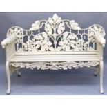 A GOOD COALBROOKDALE DESIGN CAST IRON CREAM PAINTED GARDEN BENCH, pierced acorn and oak leaf