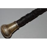 A GOOD EARLY 19TH CENTURY IRISH WALKING STICK carved with a harp and clover leafs with silver handle