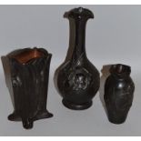 THREE VARIOUS RUSSIAN CAST IRON ART DECO STYLE VASES Mark in Cyrillic 5ins, 6.5ins and 9ins high.
