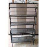 A WROUGHT IRON FIVE TIER WATERFALL SET OF SHELVES. 7ft 0ins high x 4ft 0ins wide x 1ft 6ins deep.