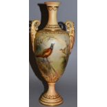 A 19TH CENTURY GRAINGERS WORCESTER TWO HANDLED VASE painted with a cock and hen pheasant, on a blush