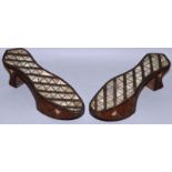 A PAIR OF TURKISH WOODEN AND MOTHER-OF-PEARL BATH SHOES.