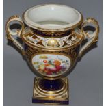 A 19TH CENTURY DERBY TWO HANDLED VASE with elaborate blue and gilt ground, painted with fruit in a