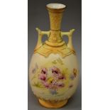 A 19TH CENTURY ROYAL WORCESTER OVOID VASE with moulded shoulder handles and flared neck, painted