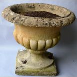 A RECONSTITUTED STONE PEDESTAL URN of circular lobed design on a square base. 1ft 7ins high.