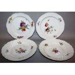 A MEISSEN MARCOLINI PLATES, white ground painted with flowers, crosshatch raised border. Cross