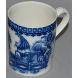 A SMALL 18TH CENTURY CAUGHLEY MUG with thumb-piece printed with the Fisherman pattern.