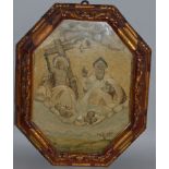 A 17TH-18TH CENTURY RELIGIOUS NEEDLEWORK in an ITALIAN GILDED FRAME Overall size 16ins x 12ins.