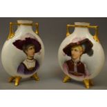 A PAIR OF 19TH CENTURY FINELY PAINTED ENGLISH PORCELAIN MOON FLASKS painted with elegant ladies in