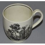 AN 18TH CENTURY WORCESTER HANCOCK PRINTED COFFEE CUP with classical ruins in black.