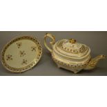 A 19TH CENTURY DERBY TEAPOT COVER AND STAND with matching saucer dish.