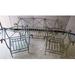 A PAIR OF WROUGHT IRON SCROLL END SETTEES with a pair of matching armchairs. Settee 6ft 0ins wide,