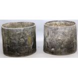 A SUPERB PAIR OF 18TH CENTURY LEAD CIRCULAR PLANTERS with moulded panels and three masks. 1ft 7ins