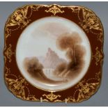A 19TH CENTURY ROYAL WORCESTER SQUARE LOBED PLATE with a brown and gilt border, painted with a