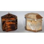 A SMALL GEORGIAN TORTOISESHELL TEA CADDY of octagonal shape, 4.5ins high, and a MOTHER-OF-PEARL