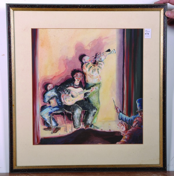 Marion O’Shaughnessy (20th Century) American. Musicians Performing on Stage, Mixed Media, Signed - Image 2 of 4