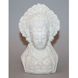 A 19TH/20TH CENTURY CHINESE BLANC-DE-CHINE PORCELAIN BUST OF GUANYIN, the Goddess with elaborate