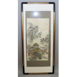 A LARGE CHINESE FRAMED PAINTING ON PAPER, depicting a pagoda in a mountainous setting, the frame