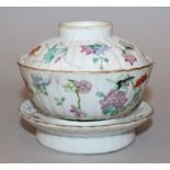 A 19TH CENTURY CHINESE TONGZHI MARK & PERIOD FAMILLE ROSE BOWL, COVER & STAND, each fluted piece