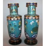 A GOOD LARGE PAIR OF CHINESE JIAQING PERIOD CLOISONNE ROULEAU VASES, each mounted on a fixed