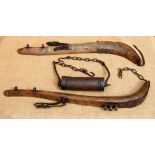 A FINE PAIR OF HEAVY HORSE HAMES, AND A SCOTCH ROLLER. The wood and iron roller was chained back