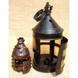 A HORN LANTERN AND A TINKER’S MINIATURE LAMP. Both 19TH century. Part of one horn ‘pane’ in the