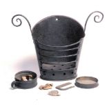 A FINE SHEPHERD’S BRAZIER, TINDER BOX, STEEL AND FLINT, AND A BOXWOOD CANDLE HOLDER. All 19th