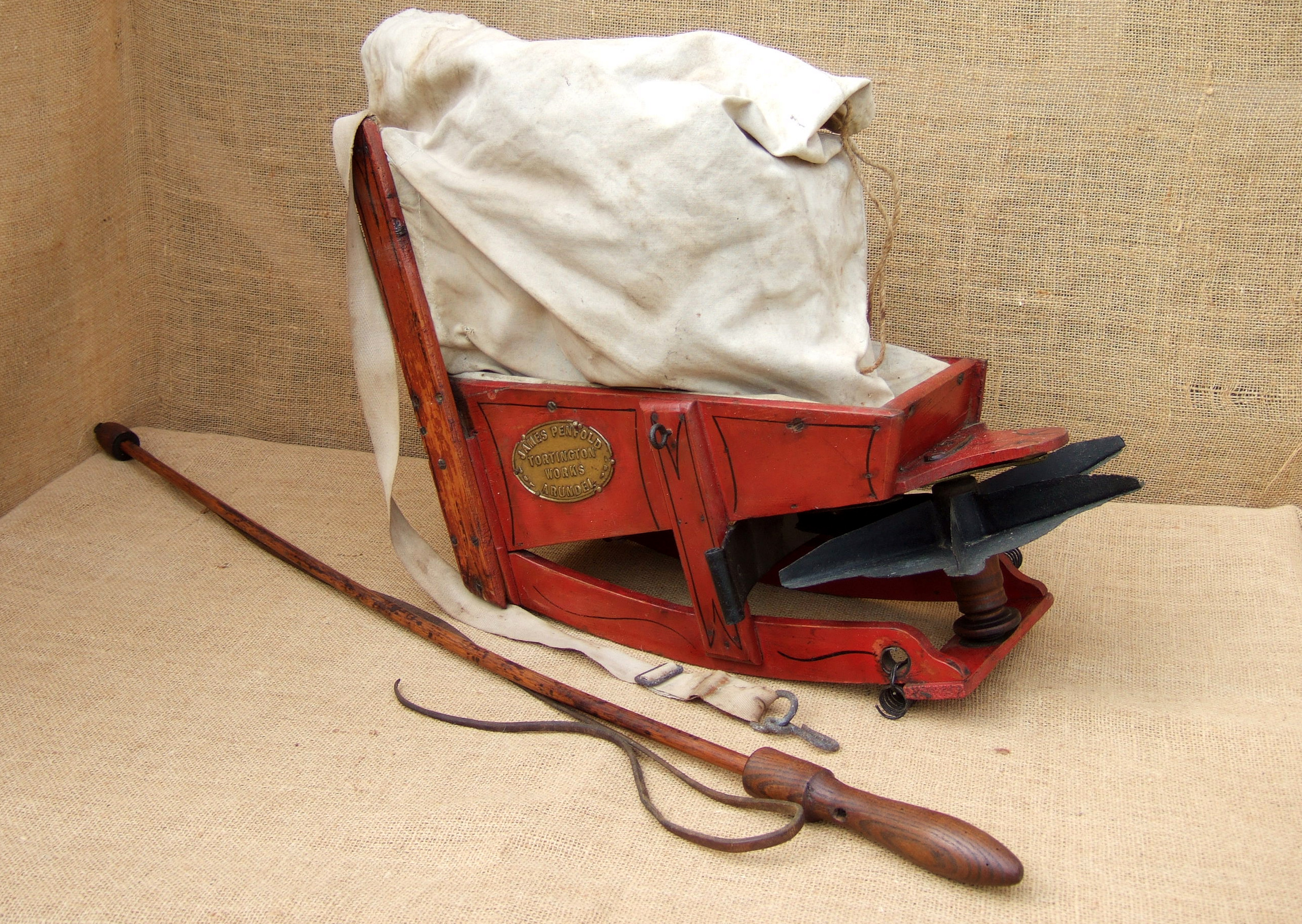 A SEED FIDDLE. A good early1900s example, replacing the seedlip. Brass plate ‘James Penfold,