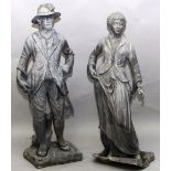 A SUPERB PAIR OF 18TH CENTURY LEAD GARDEN FIGURES OF AN IRISH LADY AND GENTLEMAN on square bases.