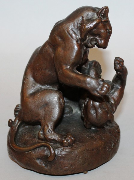 CHARLES VALTON (1851-1918) FRENCH A BRONZE GROUP, TWO PLAYFUL TIGER CUBS. Signed 5ins high.