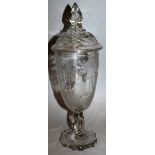 A GOOD BOHEMIAN CUT GLASS URN AND COVER engraved with deer hunting. 17ins high.