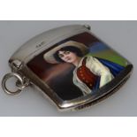 A .925 SILVER AND ENAMEL VESTA “YOUNG LADY WITH HAT AND BLUE CAPE”. Maker: P.E Engraved Smythe