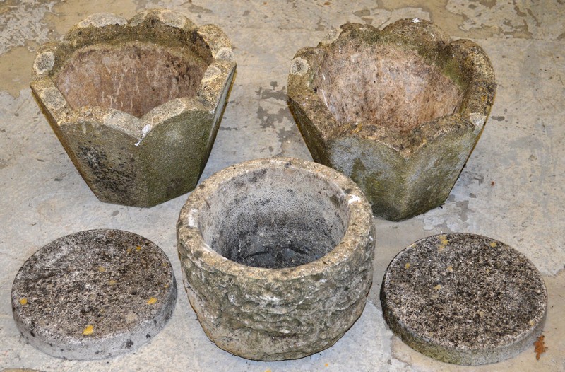 THREE RECONSTITUTED STONE POTS AND TWO CIRCULAR STANDS (5) Various sizes.