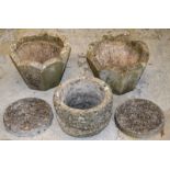 THREE RECONSTITUTED STONE POTS AND TWO CIRCULAR STANDS (5) Various sizes.