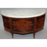 A GOOD 19TH CENTURY APPRENTICES MAHOGANY DEMILUNE COMMODE with white marble top, two drawers to