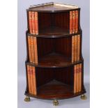 A GEORGIAN STYLE MAHOGANY BOWFRONT OPEN BOOKCASE with brass gallery, book bindings, supported on