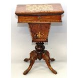 A GOOD VICTORIAN WALNUT INLAID SEWING/GAMES TABLE with chessboard top opening to reveal green