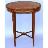 A SMALL EDWARDIAN PAINTED SATINWOOD OVAL TABLE on tapering  legs.1ft 10ins wide.