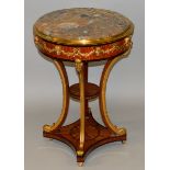 A GOOD FRENCH CIRCULAR MARBLE, ORMOLU, AMARANTH ROSEWOOD GUÉRIDON, the marble inset top above a