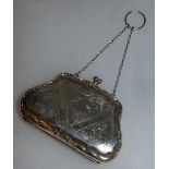 A GEORGE V ENGRAVED SILVER PURSE ON CHAIN. Birmingham 1916 Maker: F.D.