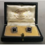 A GOOD PAIR OF ART DECO DIAMOND AND SAPPHIRE SQUARE EARRINGS in white gold.