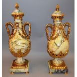 A SUPERB PAIR OF LOUIS XVI VIENNA MARBLE AND ORMOLU MOUNTED TWO HANDLED URNS AND COVERS with applied