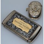 A MASONIC METAL VESTA, Compliments of HANSELMANN DRILL CORPS 1910 and a SMALL EDWARD VII SILVER