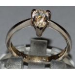A GOOD SOLITAIRE DIAMOND RING, pear shaped, approx. .78cts, colour H-I/V.S., set in 18ct yellow