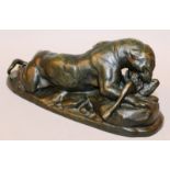 ANTOINE LOUIS BARYE (1796-1875) FRENCH A GOOD BRONZE GROUP OF A JAGUAR DEVOURING A HARE. 9.5ins