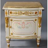 A PAINTED AND GILDED BEDSIDE CUPBOARD with marble top, single drawer and panelled door on fluted