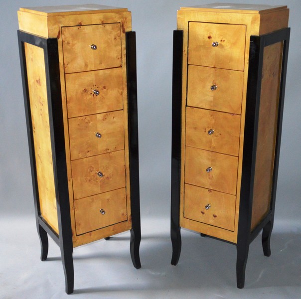 A GOOD PAIR OF ART DECO DESIGN MAPLEWOOD TALL FIVE DRAWER CHESTS. 4ft 8ins high.