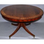 A GEORGE III DESIGN MAHOGANY CIRCULAR DINING TABLE with well figured crossbanded top, having a