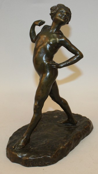GABRIELLE JEANE/BEDELL BRICHARD (FRENCH) A BRONZE OF A NUDE YOUNG BOY, hand on his hip. Signed Susse